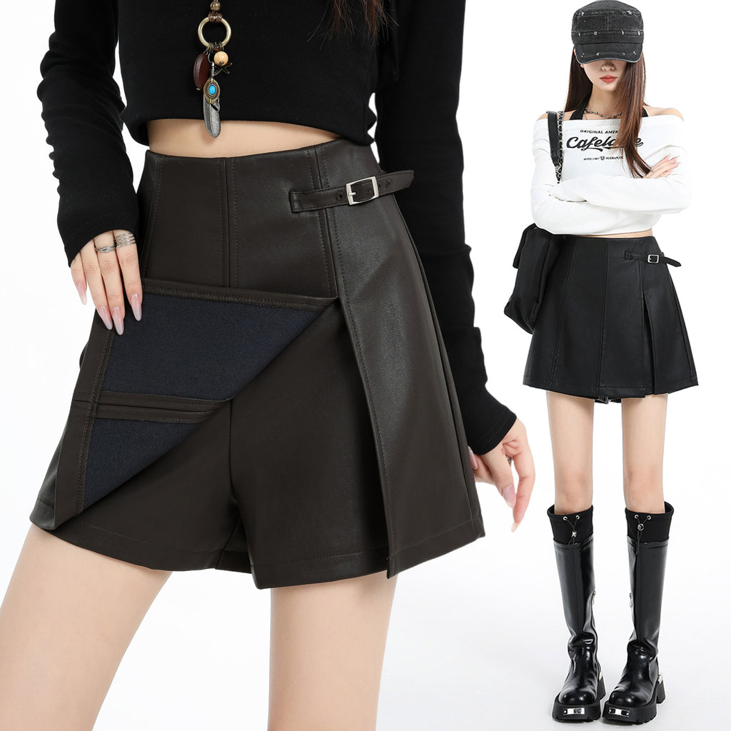 Vintage Brown PU Leather Skirt Pants for Women High Waist Slimming A-Line Wide Leg Pants Casual Style