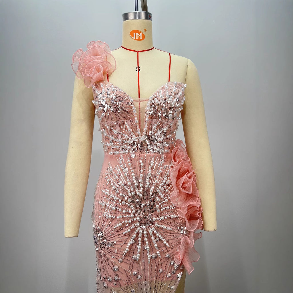 Fashionable Pink Strapless Sequined Pleated Hem Fitted Beaded Slit Long Maxi Dress for Evening