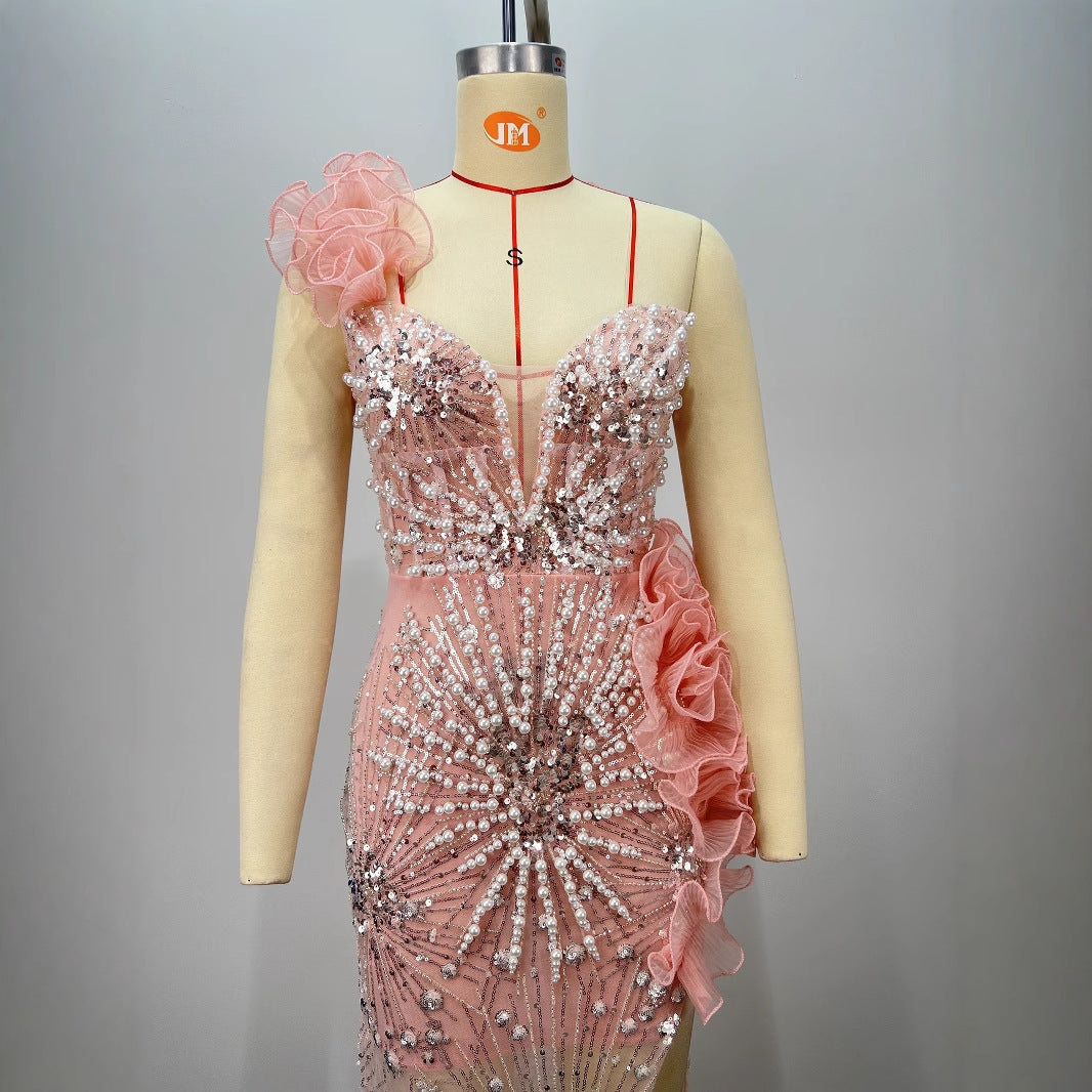 Fashionable Pink Strapless Sequined Pleated Hem Fitted Beaded Slit Long Maxi Dress for Evening