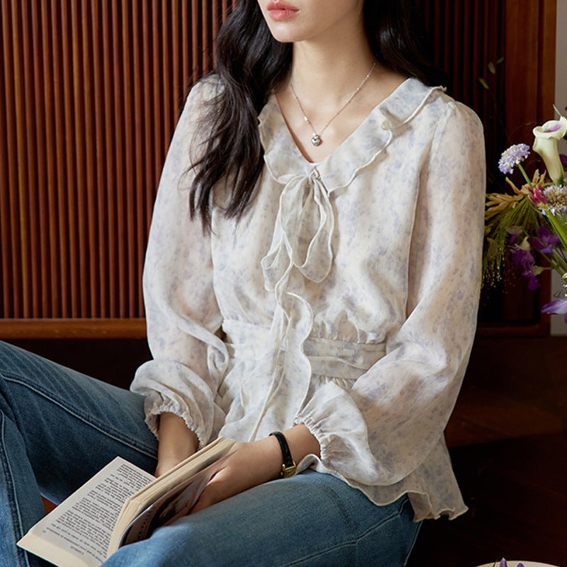 Blue Printed Ruffle Tie-Back Long Sleeve Shirt for Women Vintage Fitted Slim Fit Top