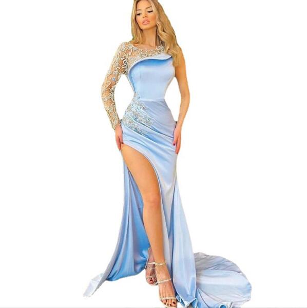 Single Sleeve Lace Slim Evening Dress Split Sexy Female Charm Slim Long Sleeve Banquet Dress