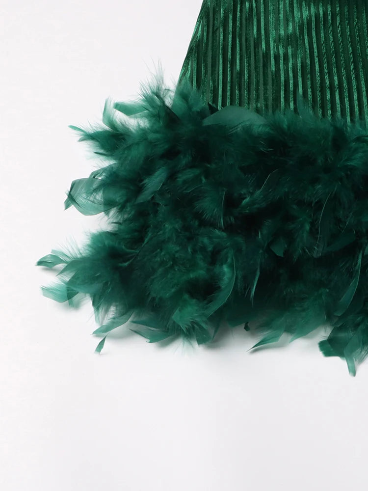 Solid Patchwork Feathers Slimming Elegant Dresses For Women Stand Collar Long Sleeve High Waist Dress Female New