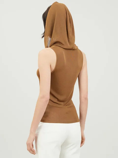 Women's Short Tank Tops  Hooded Sleeveless Solid Collor Knit  Top Female Summer