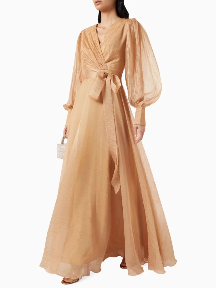 Solid Spliced Lace Up Elegant Dresses For Women V Neck Lantern Sleeve High Waist Patchwork Zipper Long Dress Female Fashion