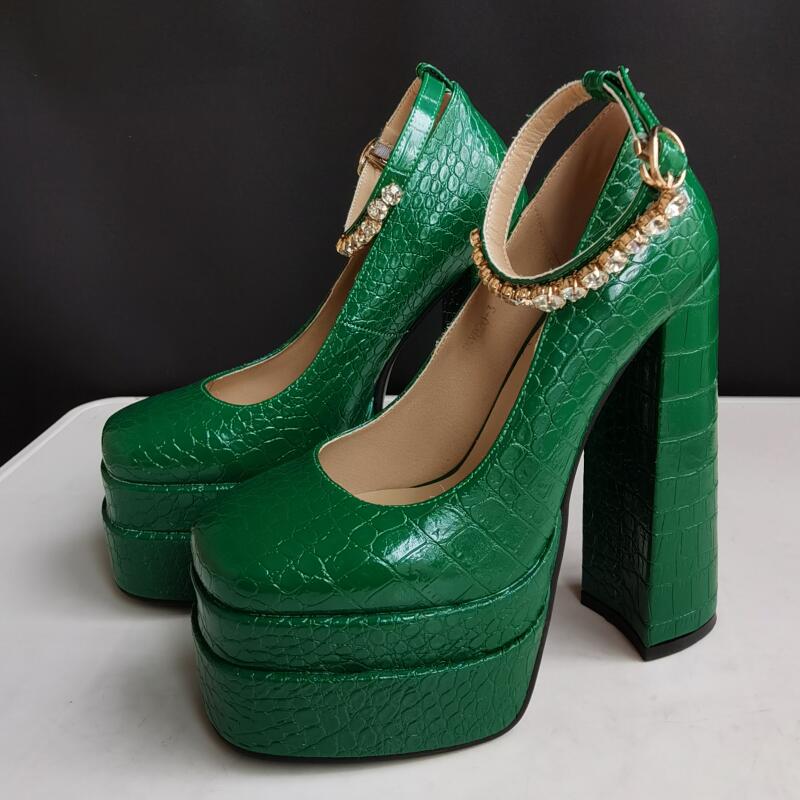 New Sexy Crocodile Pattern Pumps Platform Thick High Heel Rhinestone Party Women's Shoes Black Green Spring Summer Big Size