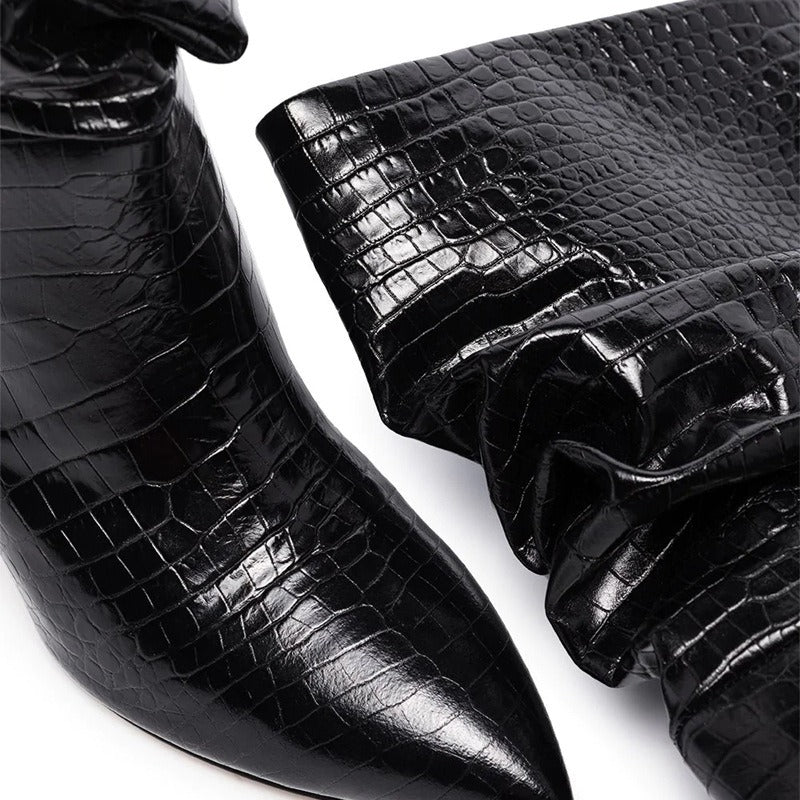 Women Fold Over Boots Pointed Toe Handmade Female Fashion Mid-Calf Boots Snake Microfiber High Boots Party Shoes