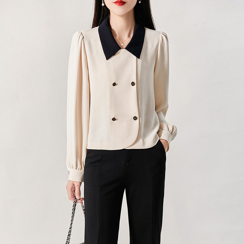 Two-Way Wear Twill Texture Color-Blocking Tweed Style Shirt Jacket, Apricot, Long Sleeve Top for Petite Women