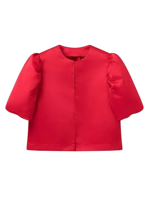 Solid Satin New Women's Blouse Top With Pouf Balloon Sleeve Spring Summer Female Sleeves O Neck Loose Short Shirt Female Blouses