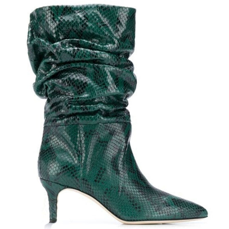 Women Fold Over Boots Pointed Toe Handmade Female Fashion Mid-Calf Boots Snake Microfiber High Boots Party Shoes