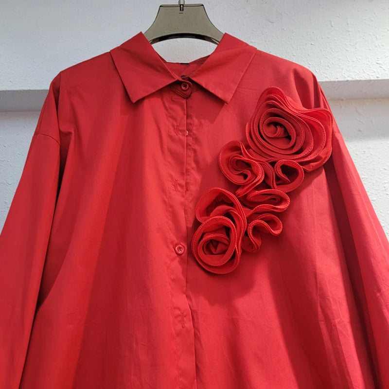 Fashion Women's Three-dimensional Flower T-shirts Loose Casual Long Sleeved Solid Color Tops Female  Autumn