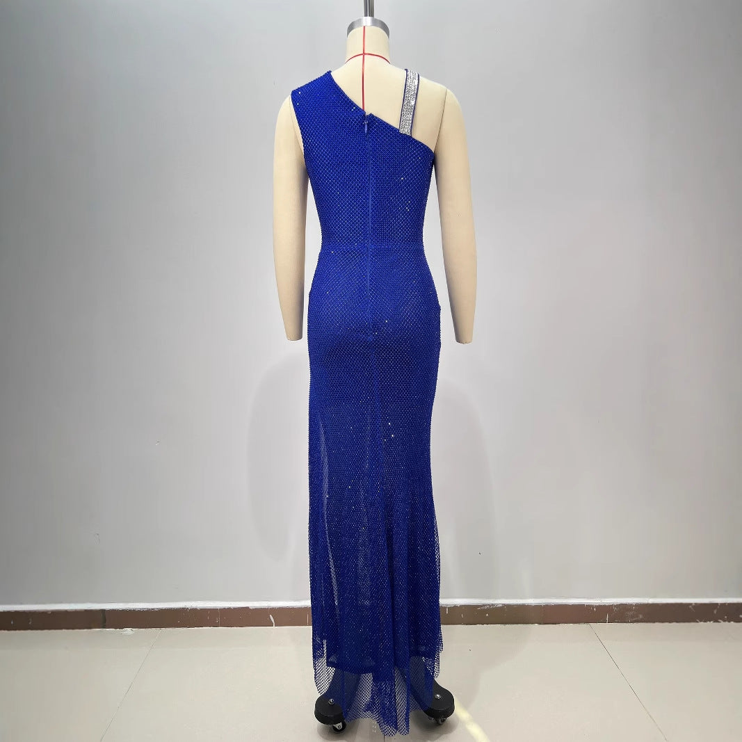 Fashion Backless One-Shoulder Rhinestone Decorated Fitted Sleeveless Pleated Slit Long Bodycon Dress for Women