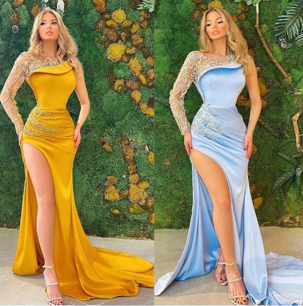 Single Sleeve Lace Slim Evening Dress Split Sexy Female Charm Slim Long Sleeve Banquet Dress