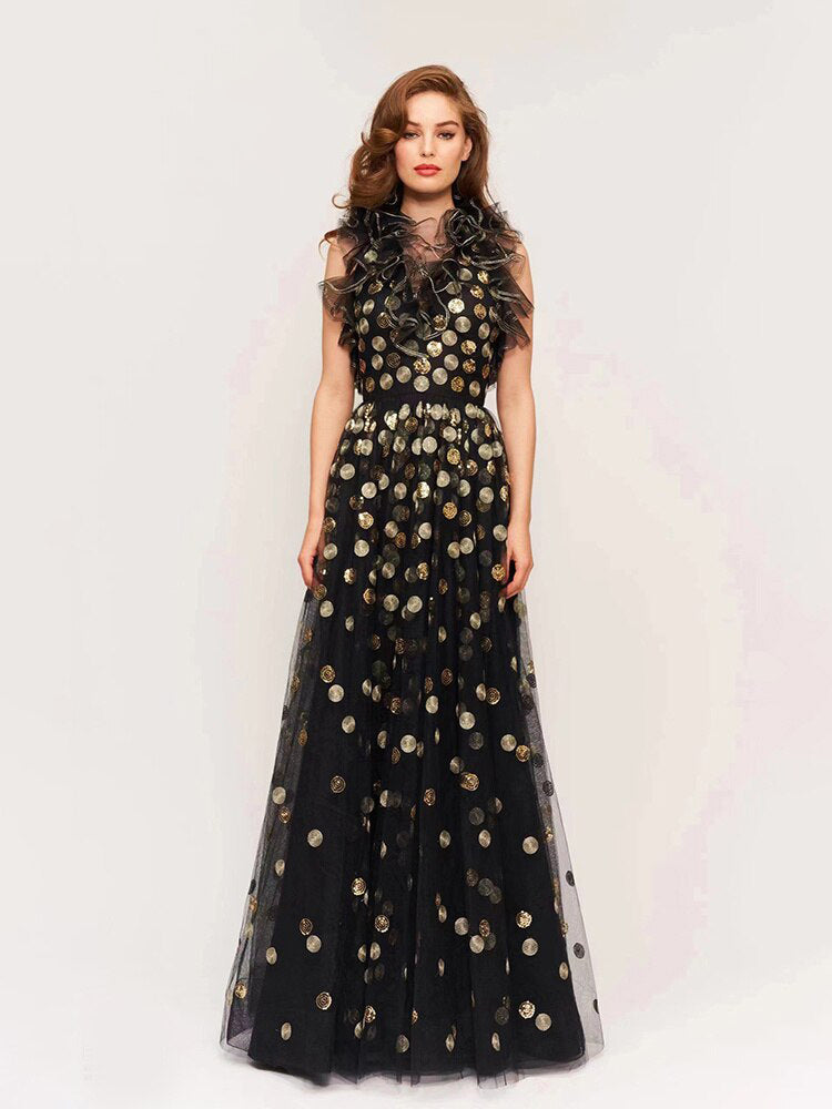 Backless Black Evening Dress Women V Neck Sleeveless Ruffles Sequins Dress Summer New Trendy