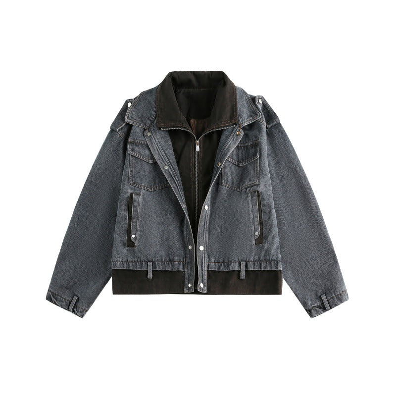 Streetwear Patchwork Faux Two-Piece Short Retro Loose Denim Jacket