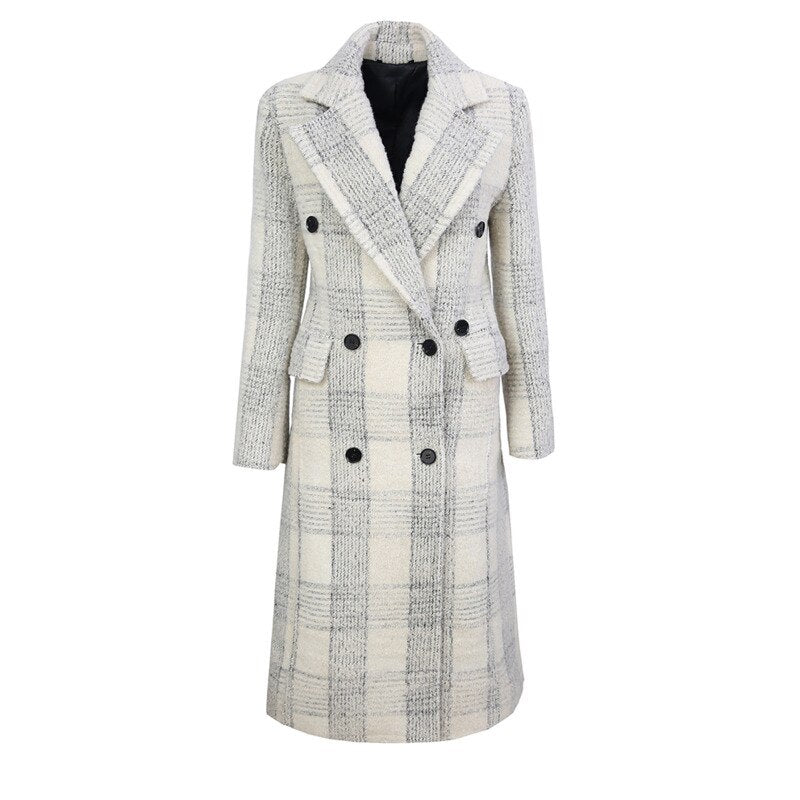 Loose Fit White Plaid Elegant Long Woolen Coat Parkas New Long Sleeve Women Fashion Trend Autumn Winter