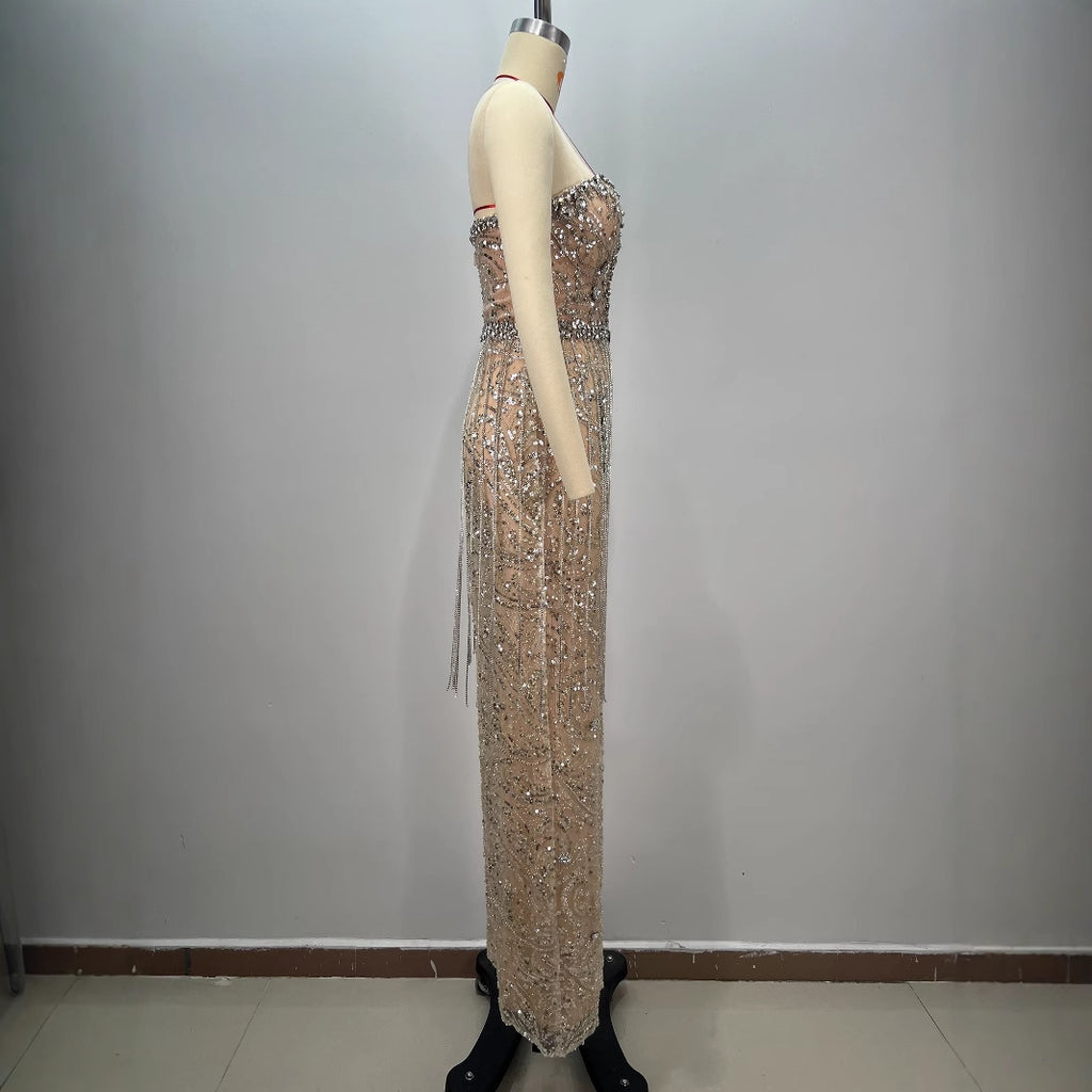Shiny Rhinestone Sequin Strapless Dress  Female Party Evening Gown