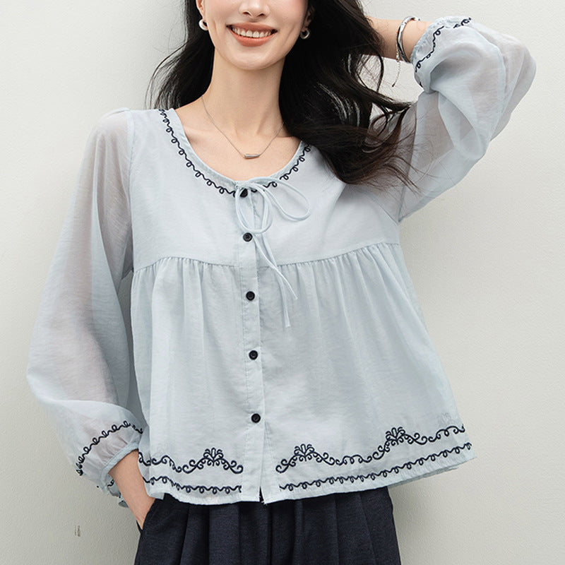 Heart Signal Blue Shirt Women Long Sleeve Embroidered Tie-Up Blouse Peter Pan Collar Top