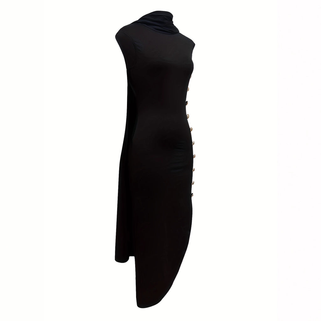 Chic Solid Color Button Side Slit Shawl Collar Long Dress