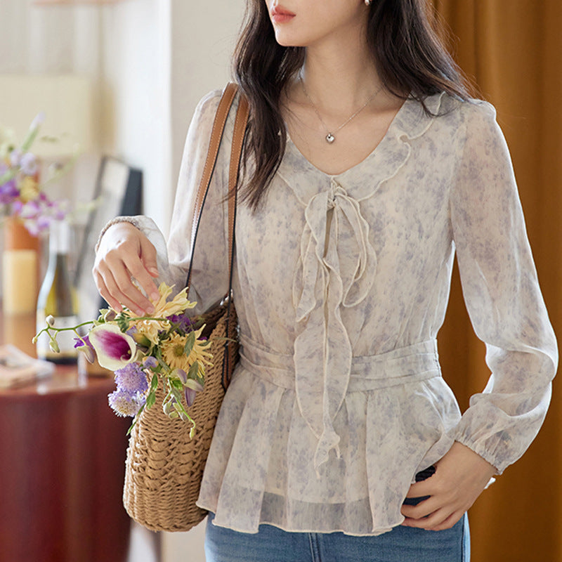 Blue Printed Ruffle Tie-Back Long Sleeve Shirt for Women Vintage Fitted Slim Fit Top