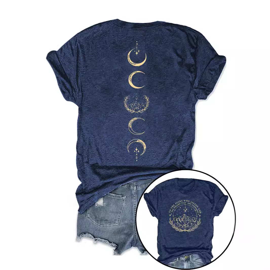 Moon pattern round neck short sleeved shirt