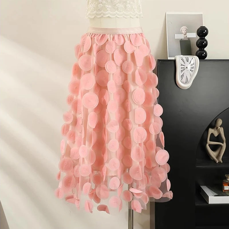 Fashionable Polka Dot Tulle Skirt for Women High Street Patchwork A Line High Waist Midi Long Mesh Skirt Female PinK