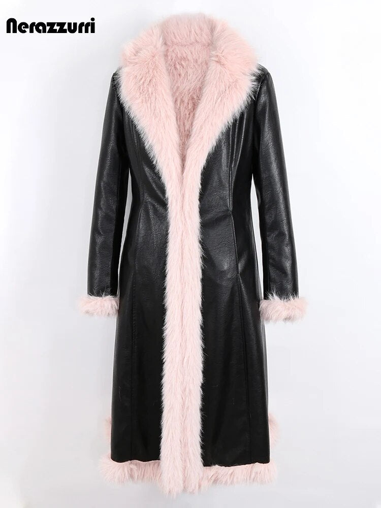 Winter Long Black Fitted Thick Warm Pu Leather Coat Women with Pink Hairy Shaggy Fluffy Faux Fur Inside Runway Parka