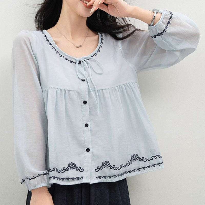Heart Signal Blue Shirt Women Long Sleeve Embroidered Tie-Up Blouse Peter Pan Collar Top