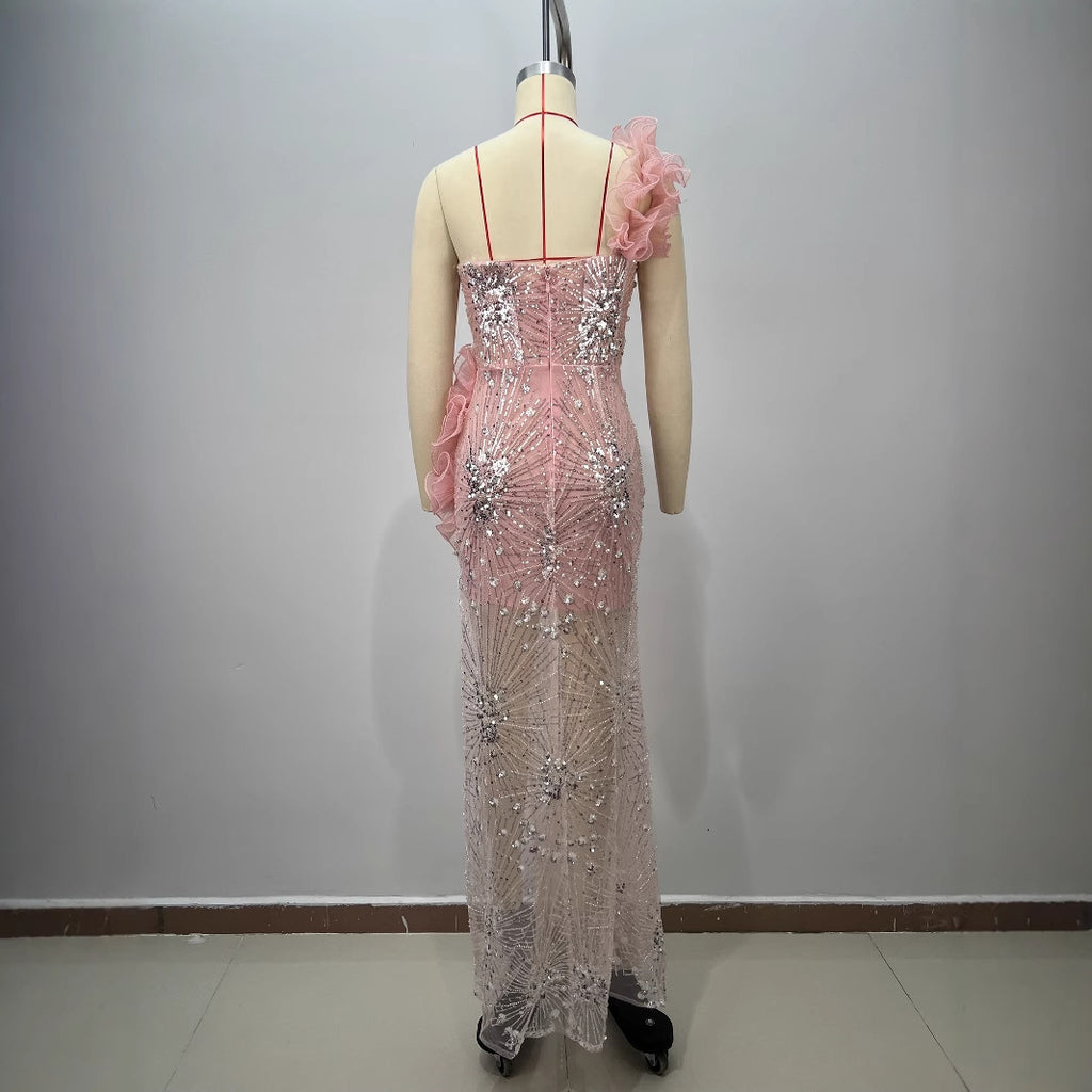 Fashionable Pink Strapless Sequined Pleated Hem Fitted Beaded Slit Long Maxi Dress for Evening
