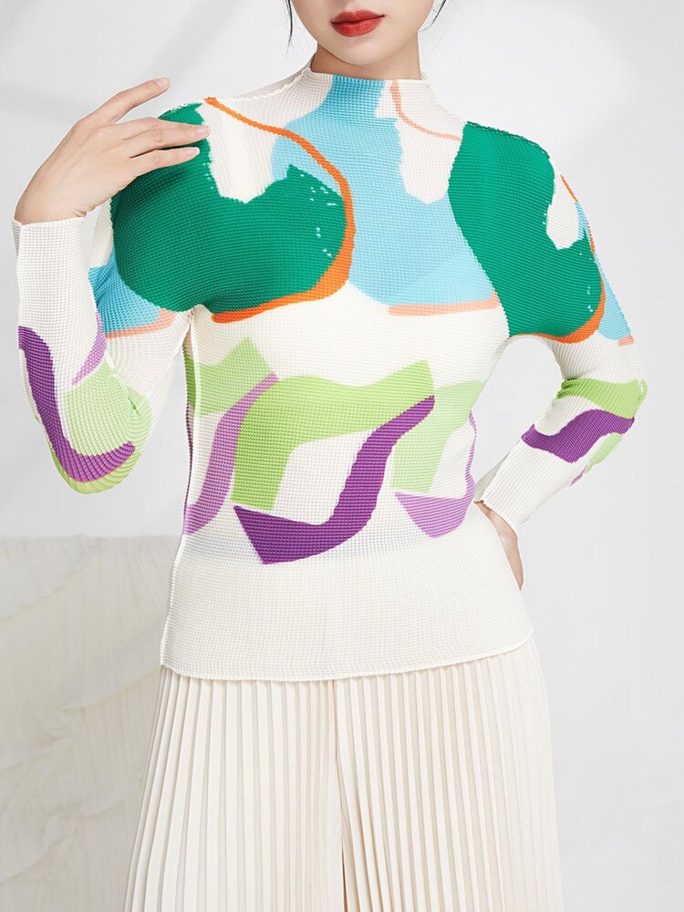 Print Pleated T-shirts For Women Spring New Long Sleeve Stand Collar Slim Casual Breathable Clothing Female 17G1384