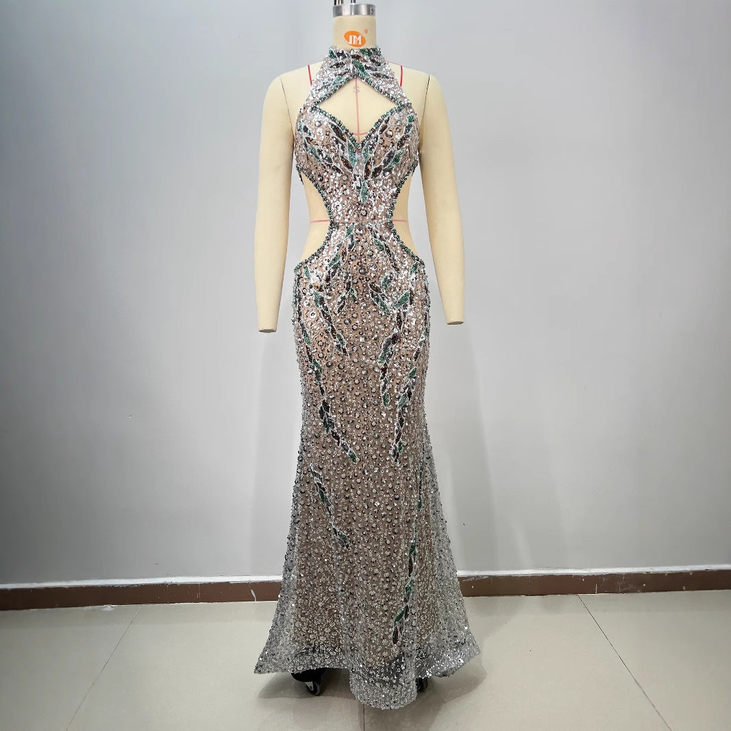 Colorful Diamond Decorated Fitted Round Neck Halter Bodycon Party Dress