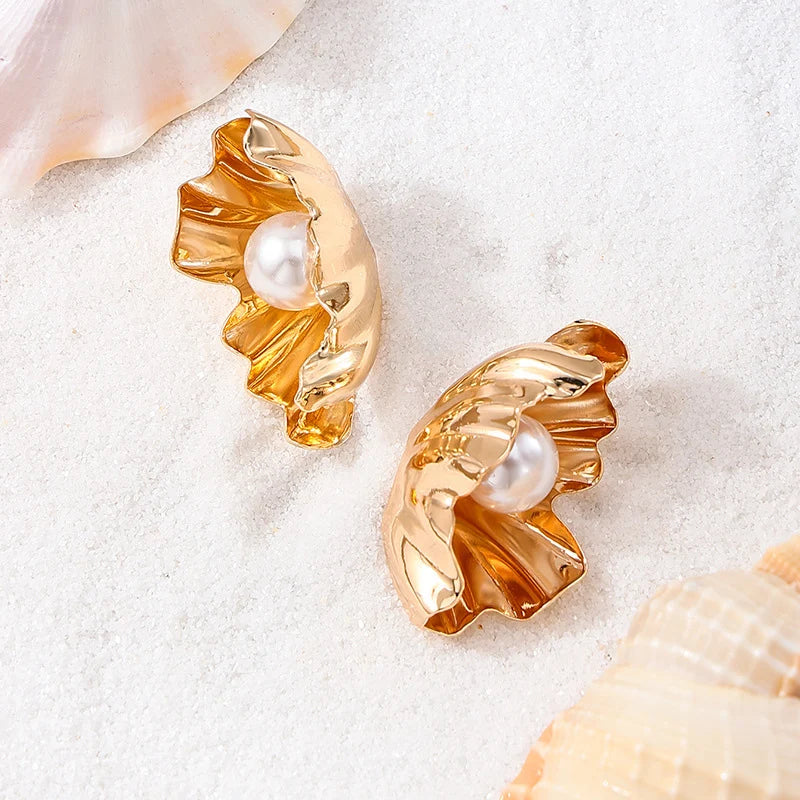Shell Imitation Pearl Exaggerate Summer Earrings Trendy Fashion Women Jewelry Party Gifts Personality Exquisite Geometric RG0302
