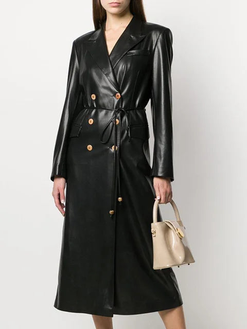 High End PU Leather Trench Coat For Women Lace-up Waist Notched Long Sleeve Slim Fashion Windbreaker