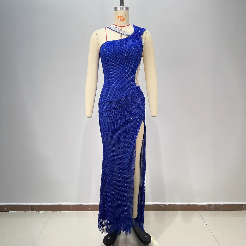 Fashion Backless One-Shoulder Rhinestone Decorated Fitted Sleeveless Pleated Slit Long Bodycon Dress for Women