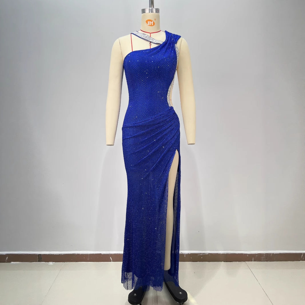 Fashion Backless One-Shoulder Rhinestone Decorated Fitted Sleeveless Pleated Slit Long Bodycon Dress for Women