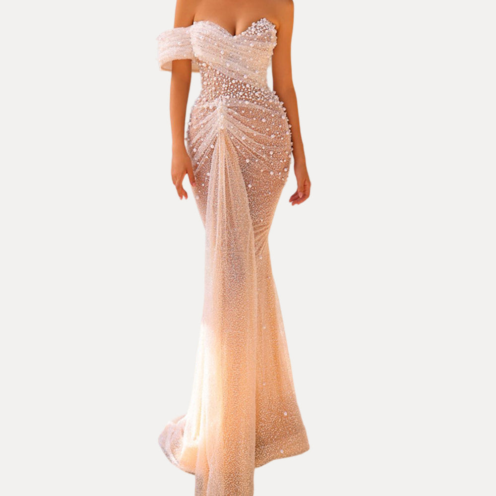 Women Elegant Off Shoulder Short Sleeves Pearl Sequins Design Sparkling Maxi Long Gown