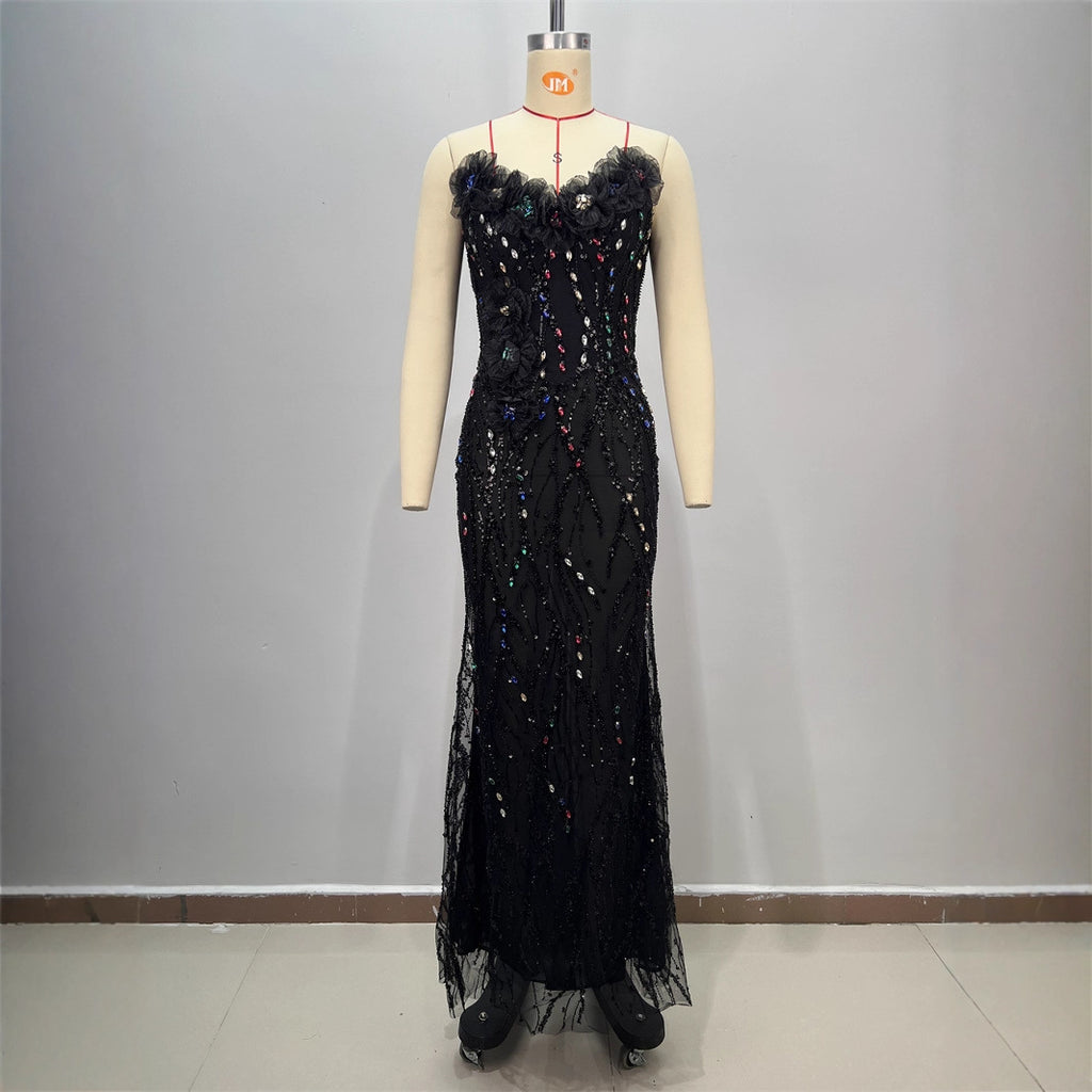 Shiny Sequin Evening Dress Long V-neck Waist-tightening Fitted Dress Mermaid Long Dress Women