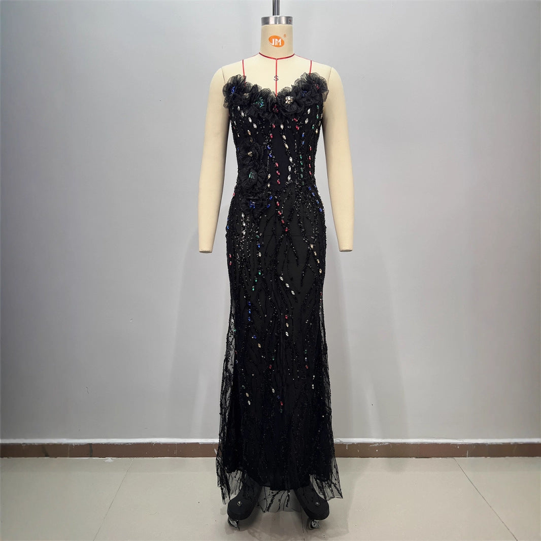 Shiny Sequin Evening Dress Long V-neck Waist-tightening Fitted Dress Mermaid Long Dress Women