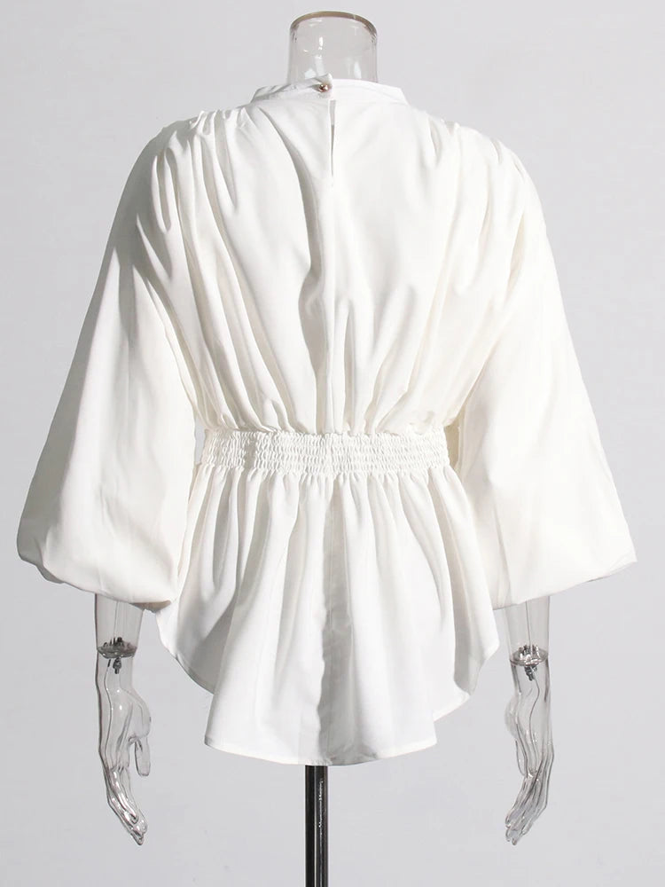 Solid Casual Loose Shirts For Women Round Neck Puff Sleeve Tunic Patchwork Folds Temperament Shirt Female Fashion