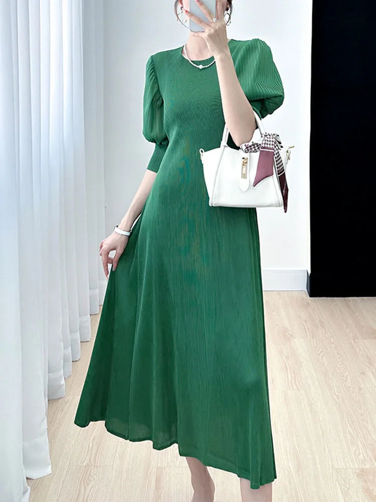 Pleated Dress Women Lantern Sleeve Solid Color Round Collar A Line Loose New Medium Long Elegant Female