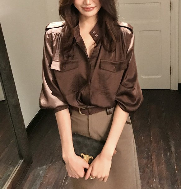 Vintage Style Designer Satin Blouse for Women,  Unique Loose Fit, Slimming Long Sleeve Top