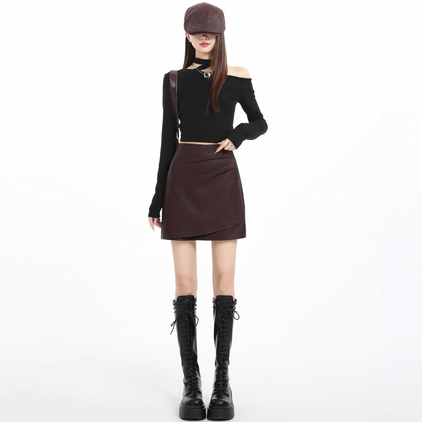Irregular Pleated PU Leather Skirt Women High Waist Slim Fit Bodycon A-Line Mini Skirt