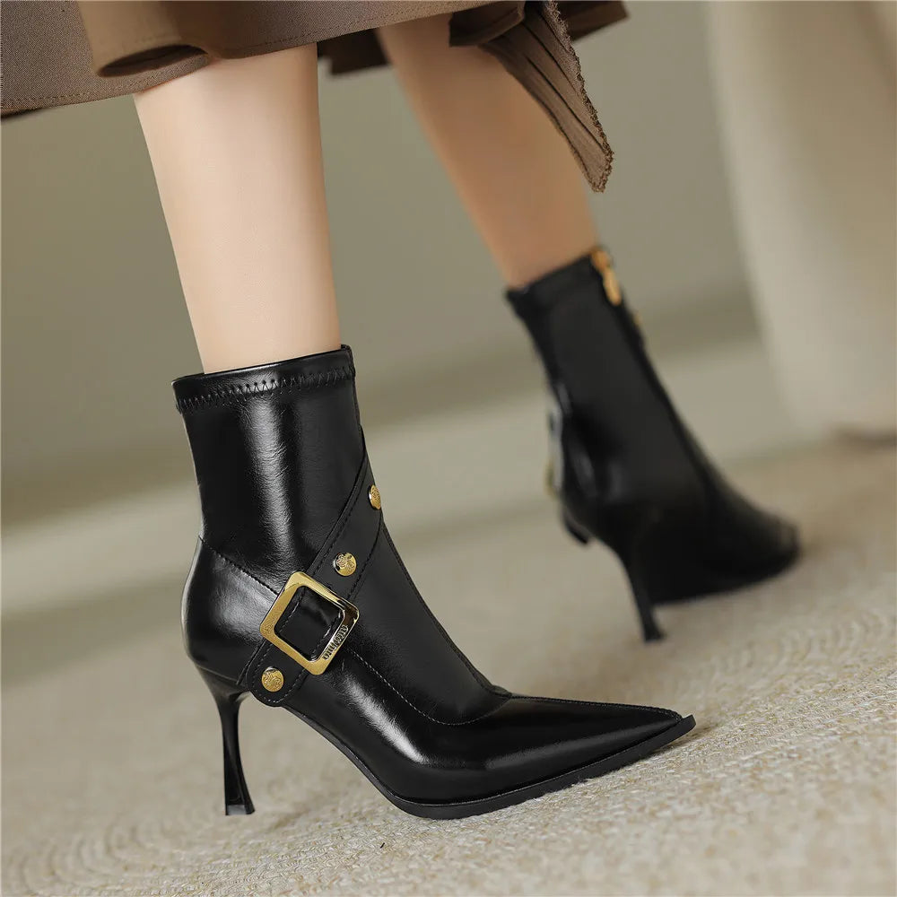 Pointed Toe Women Cow Leather Ankle Boots Thin Heels Zippers Solid Color Metal Rivet Dress Party Shoes