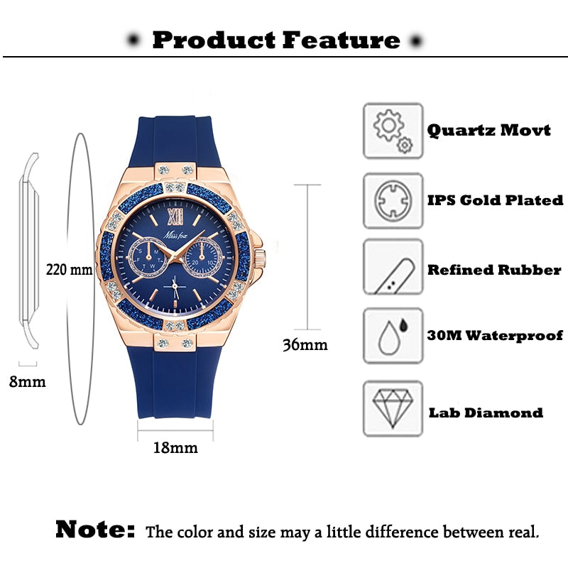 MISSFOX  2593 Women's Watches Chronograph Rose Gold Sport Watch Ladies Diamond Blue Rubber Band Xfcs Analog Female Quartz Wristwatch