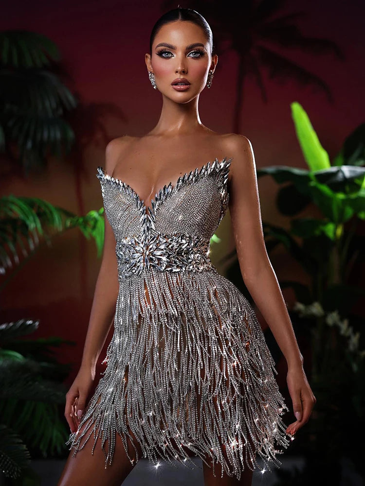 Luxury Party Dresses For Women Evening Formal Occasions Silver Tassels Sexy V Neck Sleeveless Mini Dress
