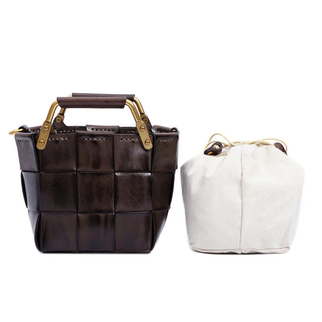 New Trendy Women Mini Calf Skin Leather Woven Clutches Basket Bag  Female Plaid Square Handbag Luxury Copy Crossbody