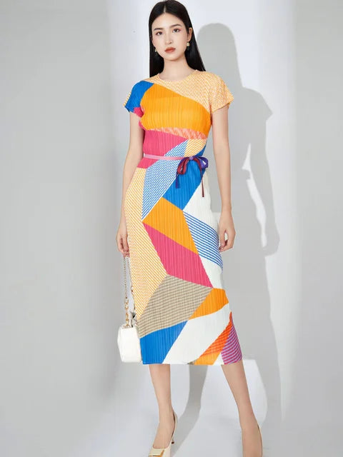 Slim Elegant Pleated Dress For Women Round Neck Short Sleeves Color Block Belt Dresses Female Clothes Summer