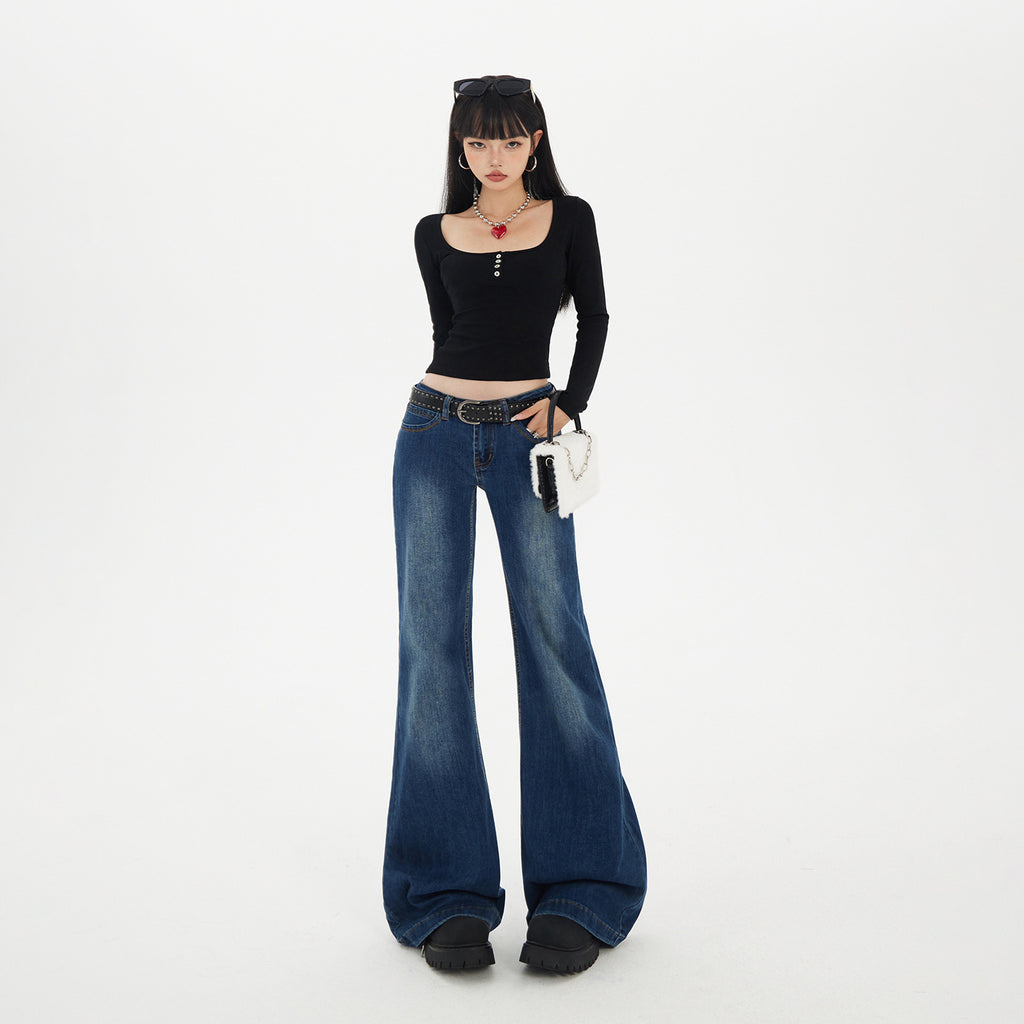 Blue Low-Waist Flared Jeans for Women Autumn Casual Versatile Hanging Flared Pants