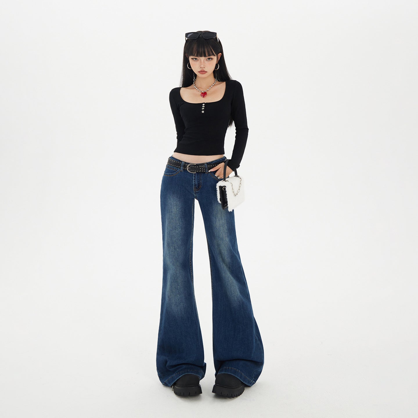 Blue Low-Waist Flared Jeans for Women Autumn Casual Versatile Hanging Flared Pants