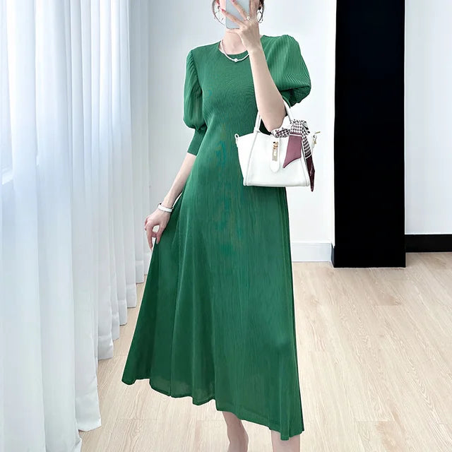 Pleated Dress Women Lantern Sleeve Solid Color Round Collar A Line Loose New Medium Long Elegant Female