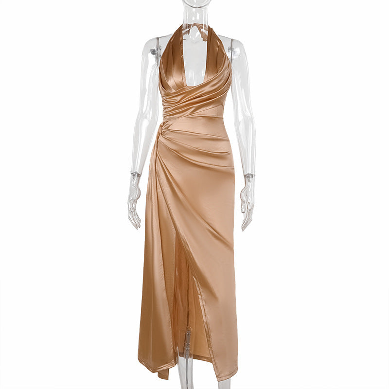 Slimming pleated deep V-satin dress
